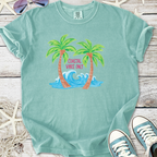 Teal graphic tee featuring palm trees and wave design, perfect for coastal vibes and casual wear.