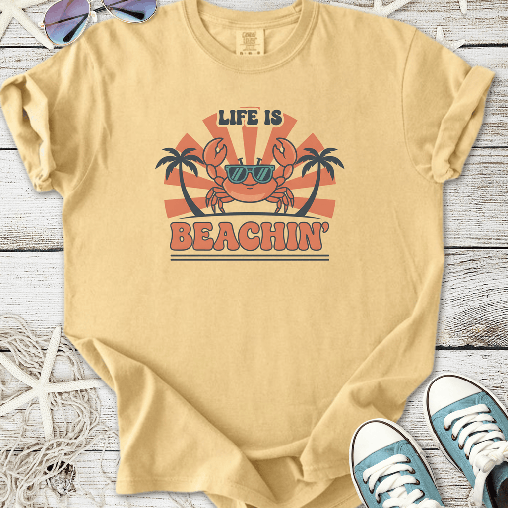 Yellow cotton t-shirt with crab graphic, 'Life is Beachin' slogan, perfect for summer vibes.