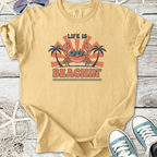 Yellow cotton t-shirt with crab graphic, 'Life is Beachin' slogan, perfect for summer vibes.