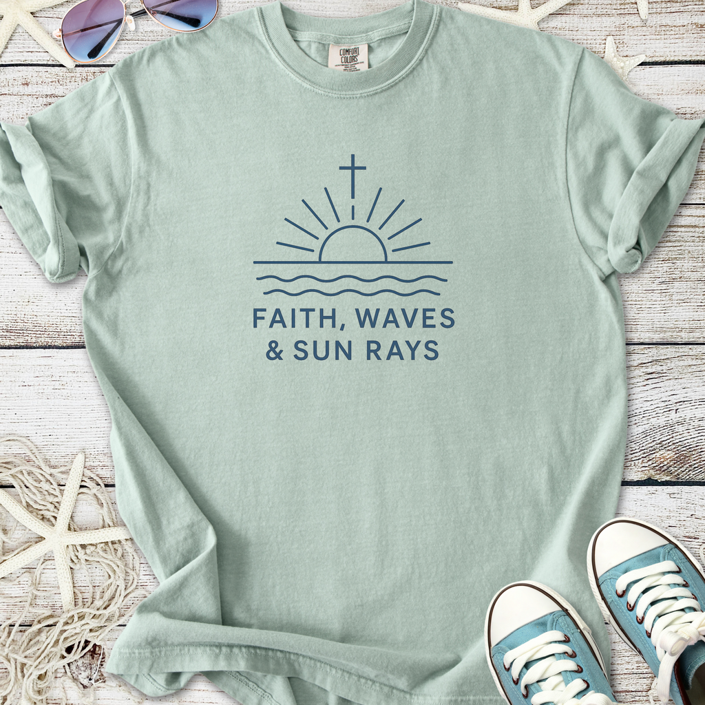 Mint green t-shirt with 'Faith, Waves & Sun Rays' print, made of soft cotton for casual wear.