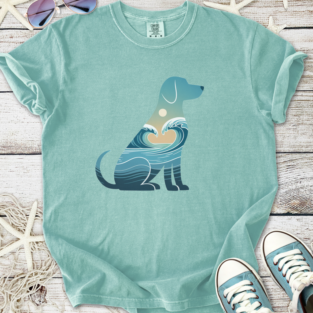 Mint green dog graphic tee featuring ocean waves and sunset design, made from soft cotton material.