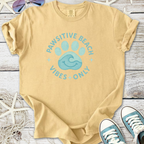 Tan graphic tee with 'Pawsitive Beach Vibes Only' design, featuring a paw and wave motif.