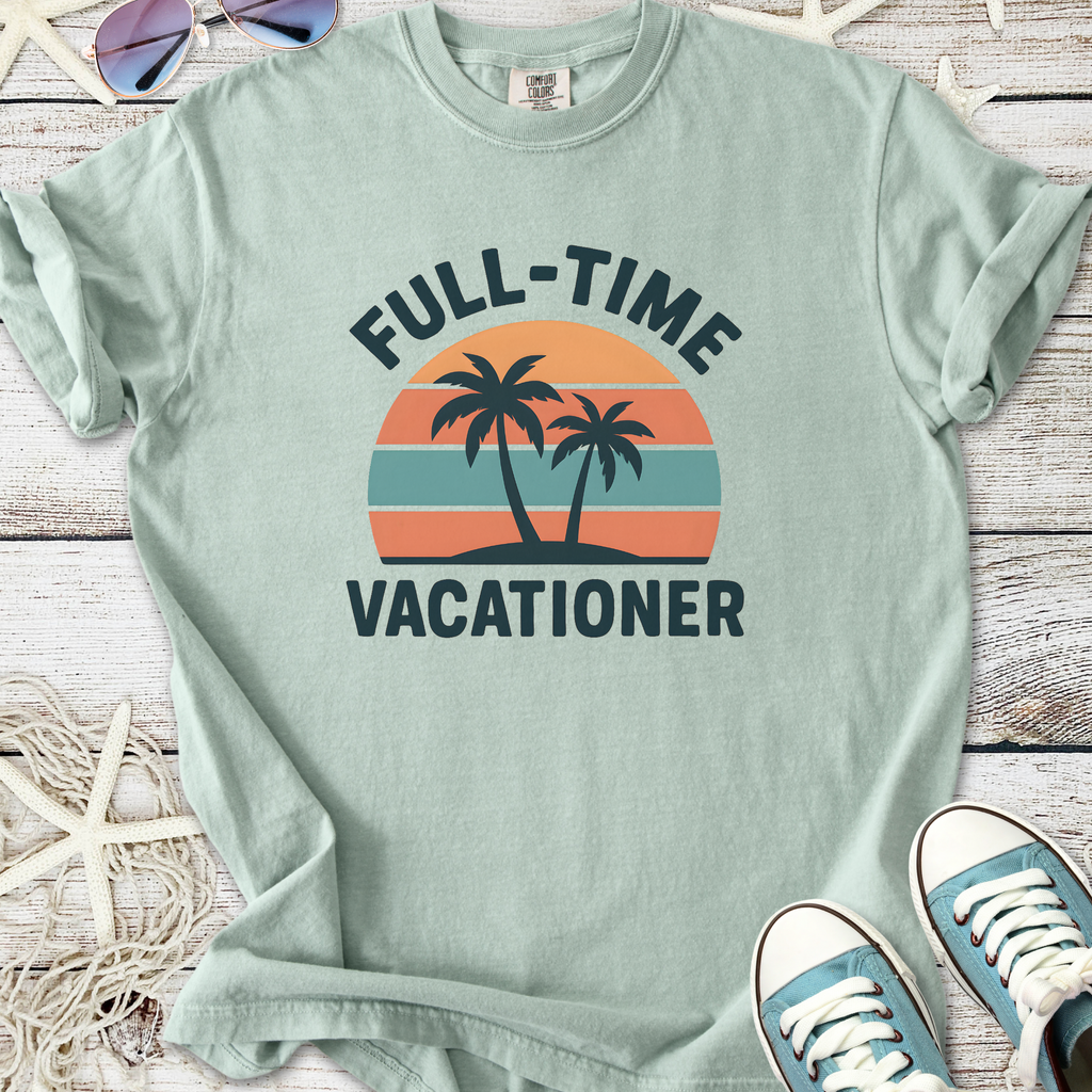 Mint green t-shirt with 'Full-Time Vacationer' graphic and palm trees, perfect for summer casual wear.