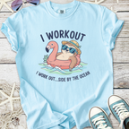 Light blue t-shirt with a playful sloth and flamingo design, ideal for beach lovers and workout enthusiasts.