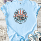 Light blue t-shirt featuring palm trees and a retro van graphic with 'Less Noise More Salt Air' slogan.