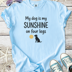 Light blue t-shirt with 'My dog is my sunshine on four legs' graphic and black dog illustration.