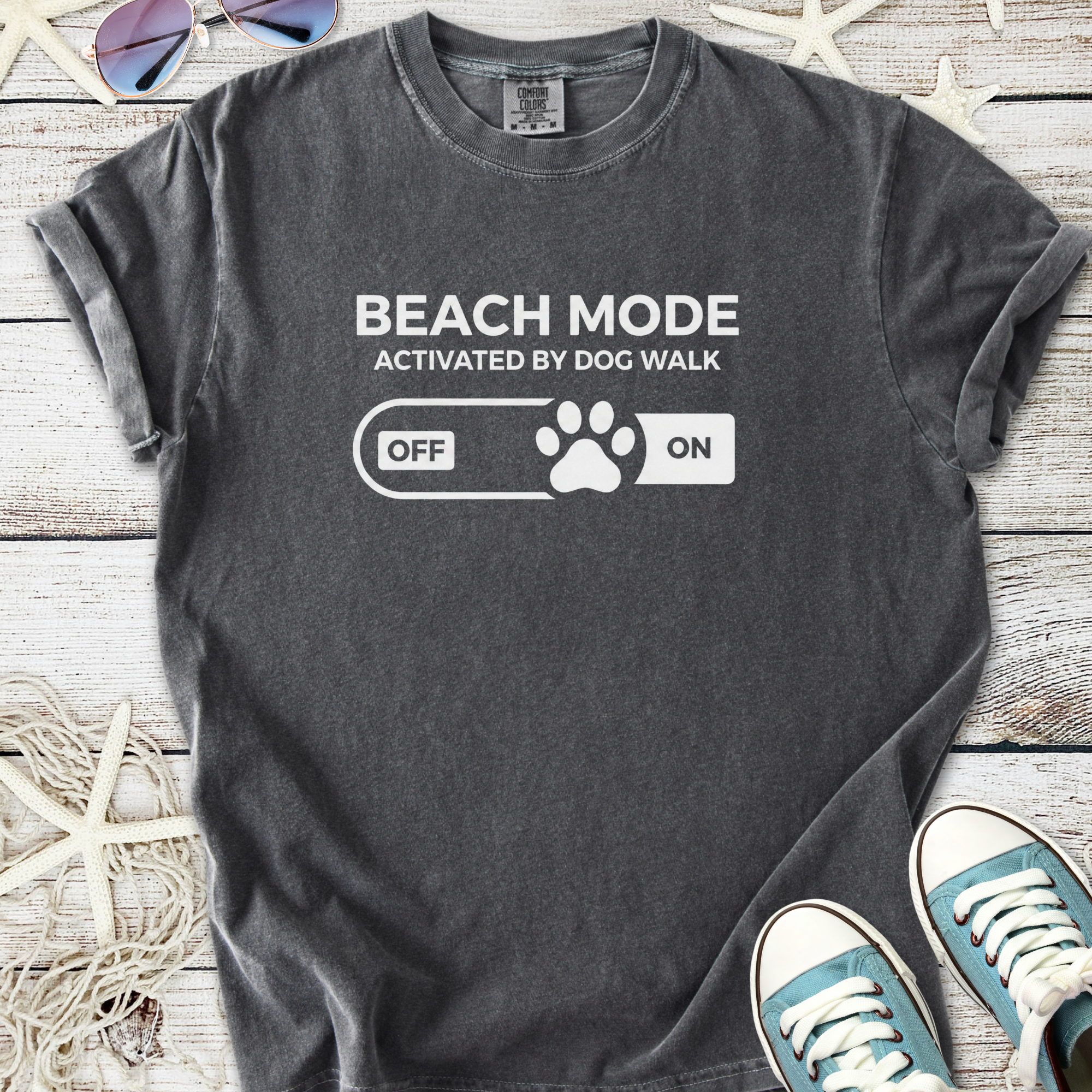 Gray t-shirt with 'Beach Mode' graphic, activated by dog walk, perfect for summer outings.