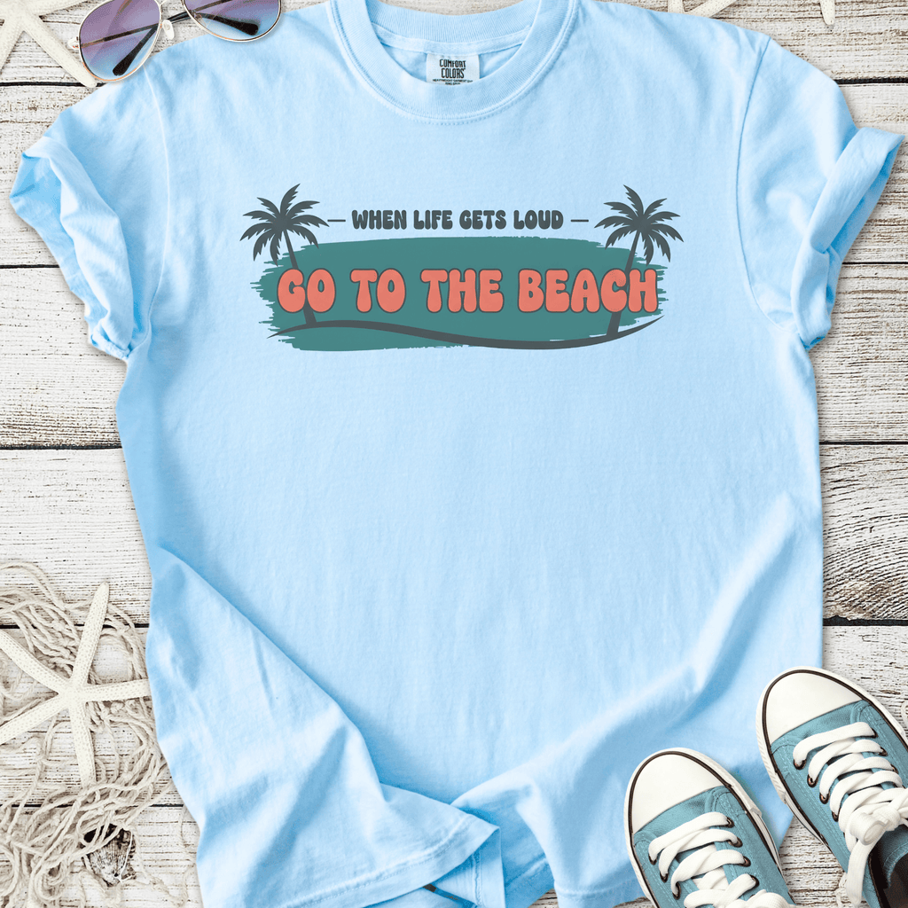 Light blue cotton t-shirt with 'Go to the Beach' graphic and palm tree design, perfect for summer.