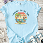 Light blue t-shirt featuring 'Permanent Vacation Club' graphic with palm trees and tropical design.