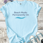 Light blue t-shirt with 'Beach Mode: Permanently On' graphic, perfect for summer vibes.