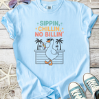 Light blue t-shirt featuring a fun duck graphic with the text 'Sippin, chillin, no billin'.