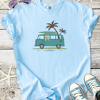 Light blue t-shirt featuring a vintage surf van graphic with palm trees and a playful dog.