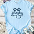 Light blue cotton t-shirt with 'Sandy Paws Happy Heart' design and paw prints, perfect for pet lovers.