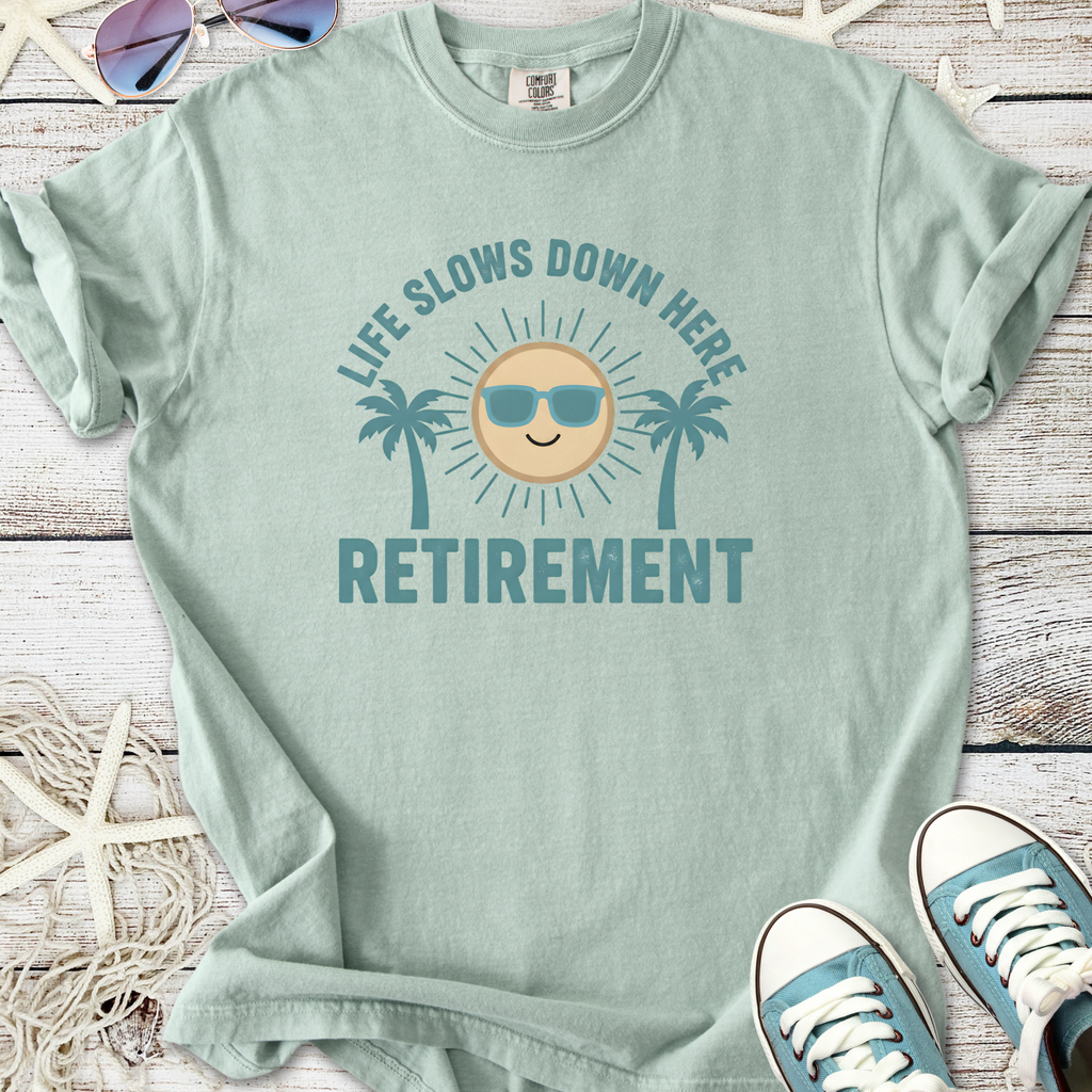 Light green retirement t-shirt with beach-themed graphic and relaxed fit, perfect for laid-back days.