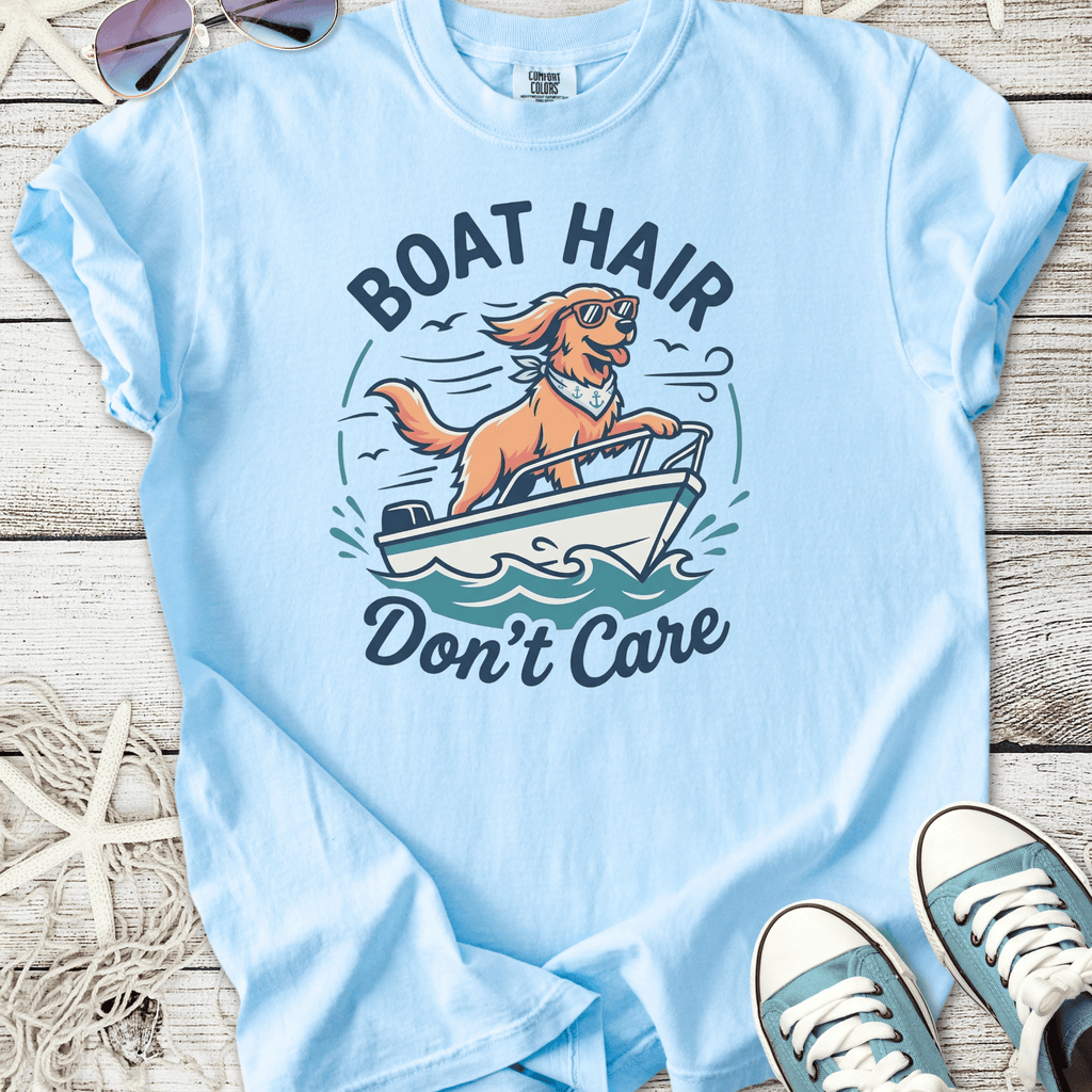 Light blue t-shirt with 'Boat Hair Don't Care' graphic featuring a dog on a boat.