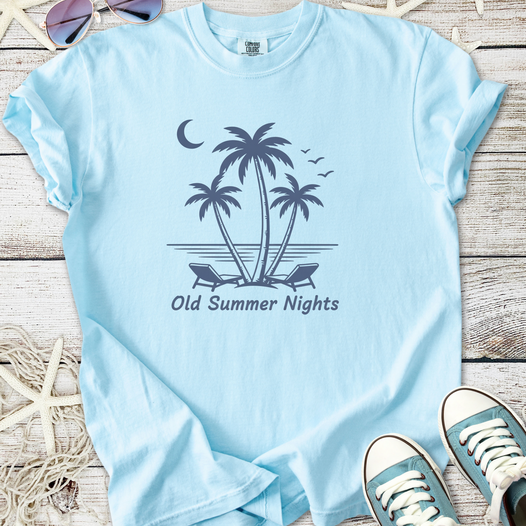 Light blue t-shirt featuring 'Old Summer Nights' palm tree graphic, casual style, perfect for summer vibes.