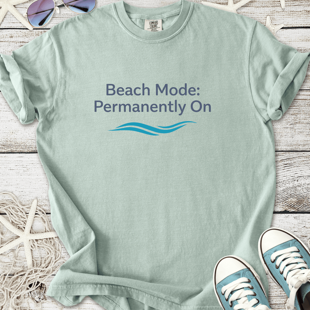 Mint green t-shirt with 'Beach Mode: Permanently On' design, perfect for summer style.