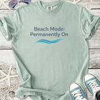 Mint green t-shirt with 'Beach Mode: Permanently On' design, perfect for summer style.