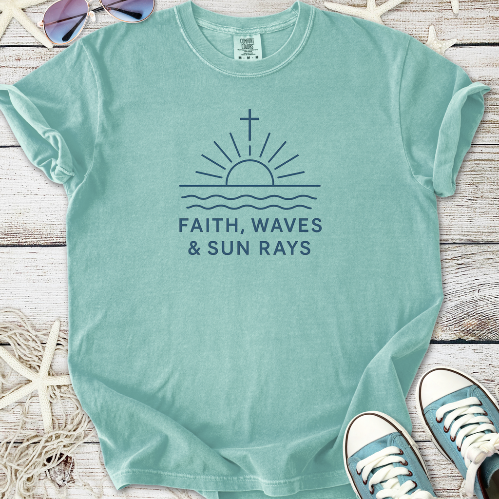 Mint green t-shirt with 'Faith, Waves & Sun Rays' graphic design for casual beachwear.