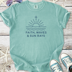 Mint green t-shirt with 'Faith, Waves & Sun Rays' graphic design for casual beachwear.