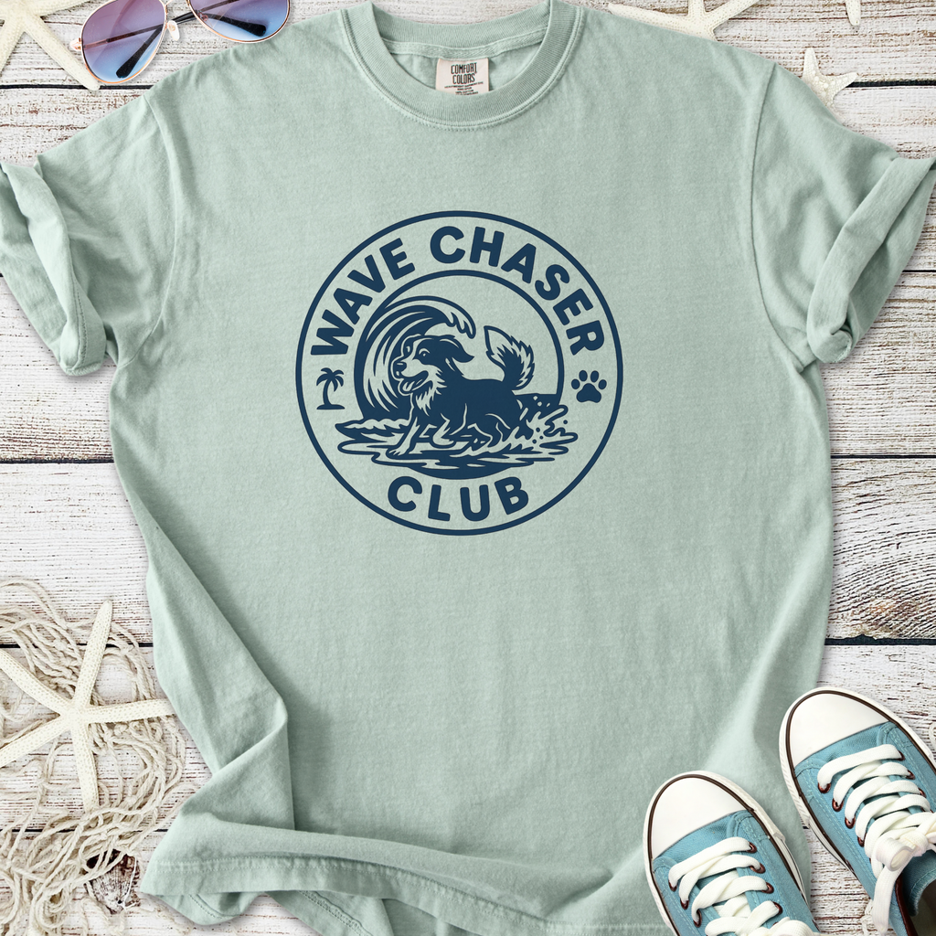 Light green Wave Chaser Club t-shirt with dog graphic, perfect for beach lovers.