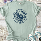 Light green Wave Chaser Club t-shirt with dog graphic, perfect for beach lovers.