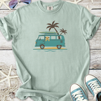 Light mint green t-shirt featuring a vintage van with a surfboard and dog graphic, perfect for beach lovers.