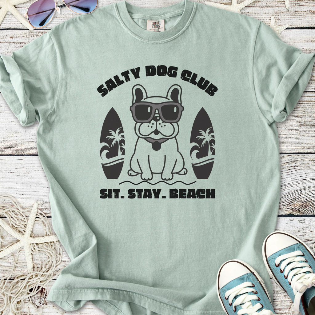 Mint green Salty Dog Club t-shirt with dog graphic and sunglasses, perfect for beach lovers.