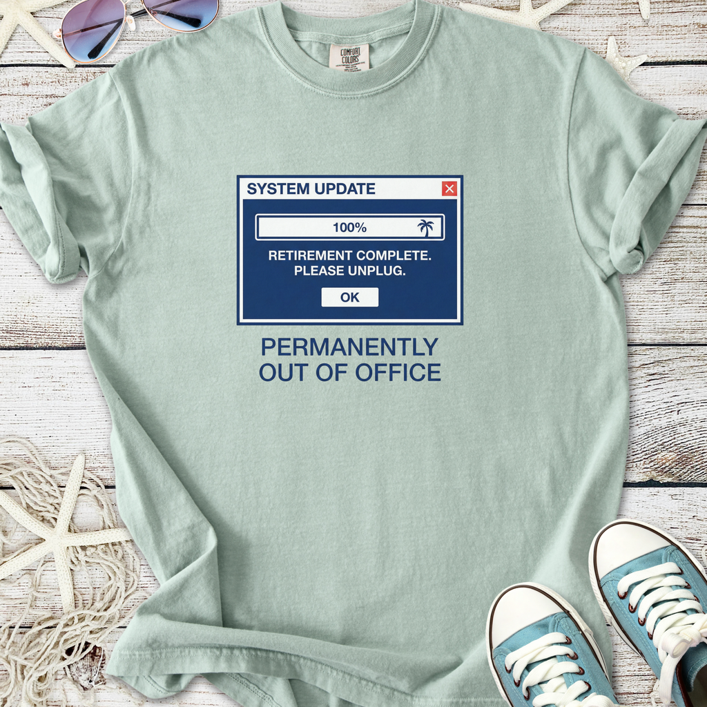 Light green t-shirt with 'Permanently Out of Office' graphic and system update design for casual wear.