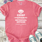 Pink t-shirt featuring 'Chief Stick Retrieval Officer' graphic, perfect for dog lovers and beach outings.
