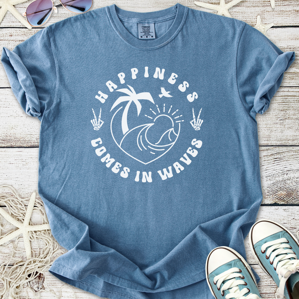 Men's blue t-shirt with 'Happiness Comes in Waves' graphic, made of soft cotton for casual beachwear.