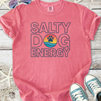 Pink Salty Dog Energy t-shirt with beach-themed graphic, perfect for dog lovers.