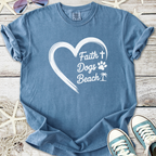 Blue cotton t-shirt with 'Faith Dogs Beach' print, featuring heart and paw design, perfect for dog lovers.
