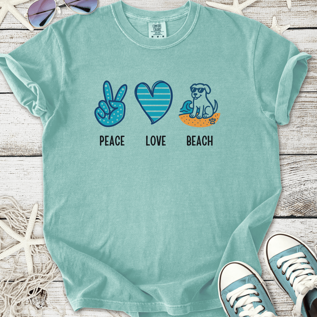 Aqua cotton t-shirt featuring 'Peace Love Beach' graphic with dog, perfect for casual summer wear.