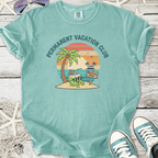Light blue t-shirt featuring 'Permanent Vacation Club' graphic with tropical palm trees and a beach theme.