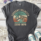 Men's graphic t-shirt featuring a lazy sloth, retro colors, and palm tree design, in charcoal gray.