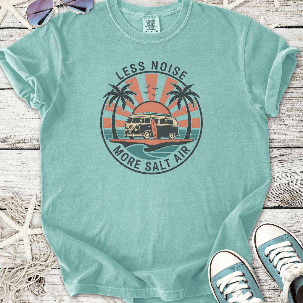 Aqua graphic tee with 'Less Noise More Salt Air' design featuring a vintage van and palm trees.