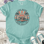 Aqua graphic tee with 'Less Noise More Salt Air' design featuring a vintage van and palm trees.