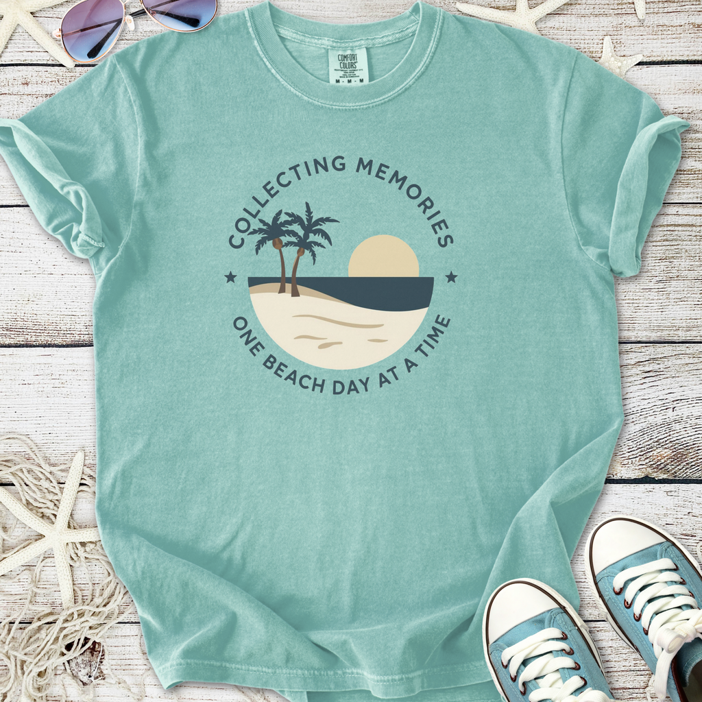 Mint green cotton t-shirt with beach-themed graphic and text, perfect for summer outings.