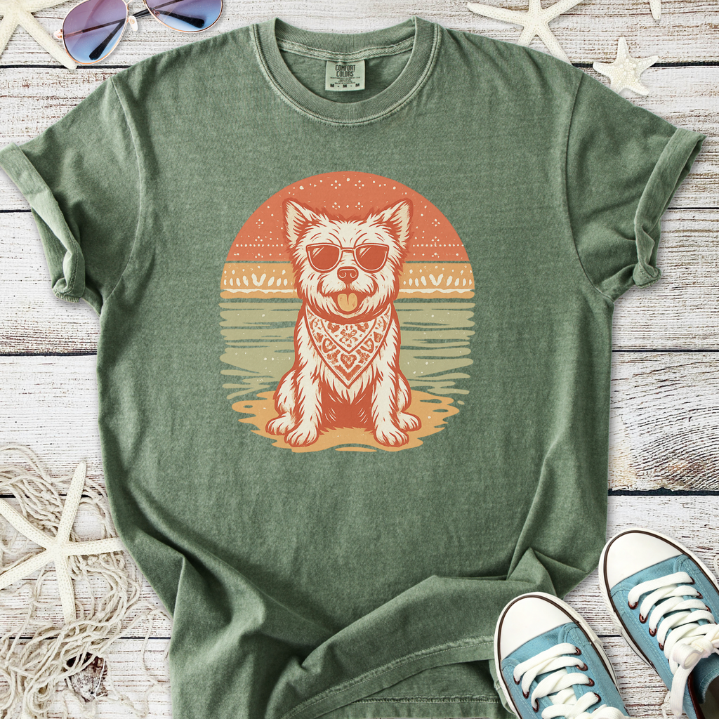 Trendy green dog t-shirt featuring a cute dog in sunglasses and bandana, perfect for casual summer wear.