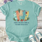 Mint green t-shirt featuring colorful surfboards and 'Too Many Beach Days' graphic, perfect for surf lovers.