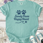 Mint green t-shirt with 'Sandy Paws Happy Heart' design, featuring paw prints and a star.