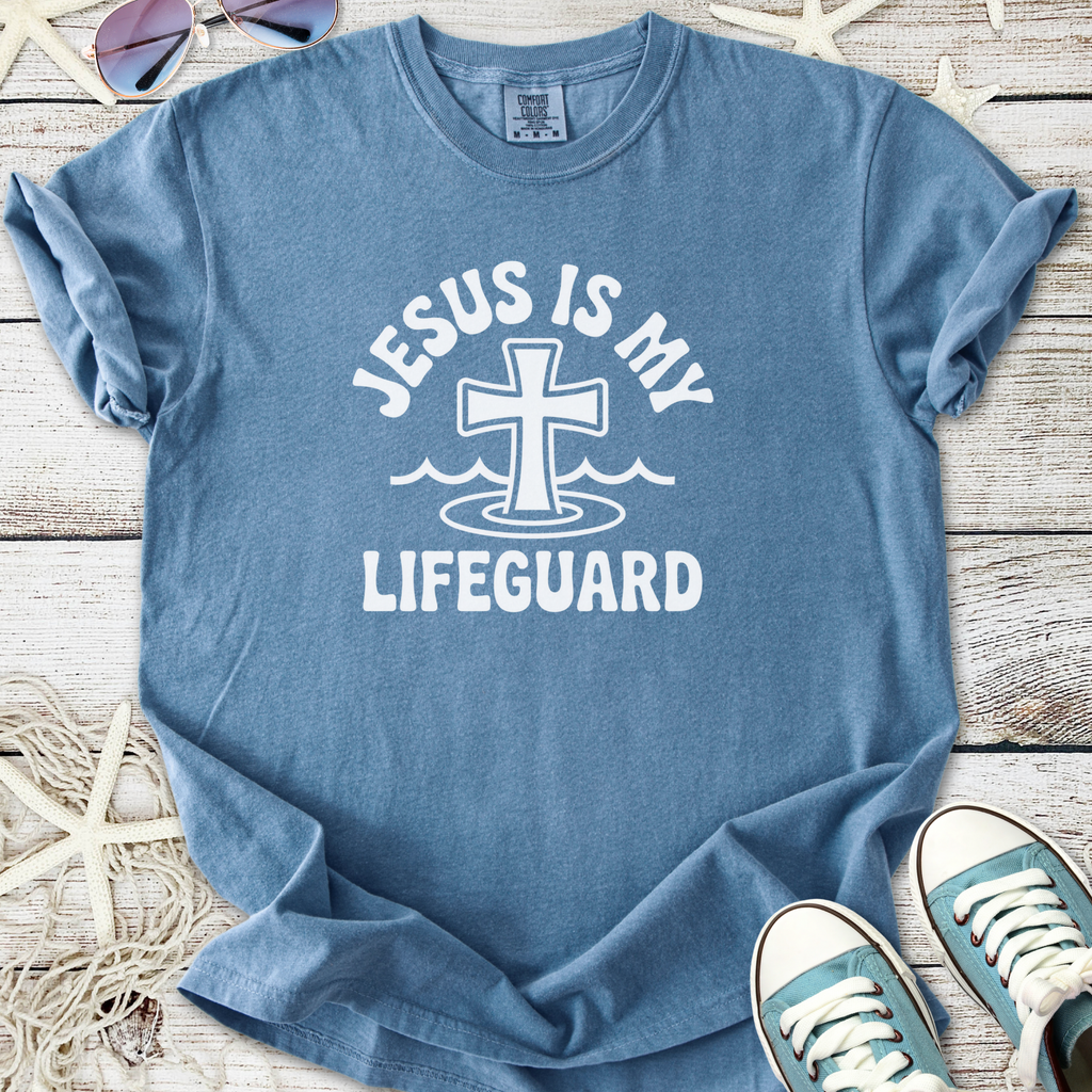 Light blue t-shirt with 'Jesus is My Lifeguard' graphic, made from soft cotton, perfect for casual wear.