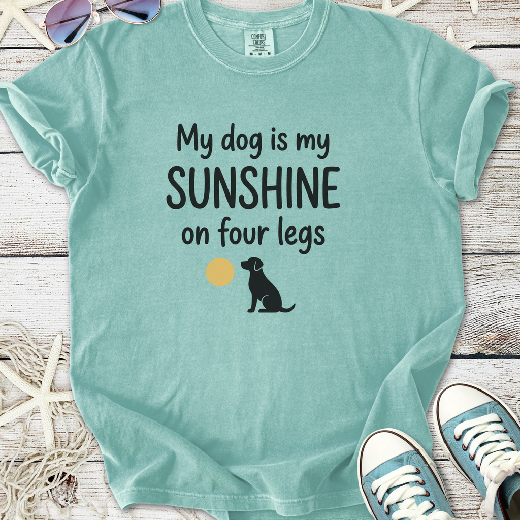 Light teal t-shirt featuring 'My dog is my SUNSHINE on four legs' with a dog and sun graphic.