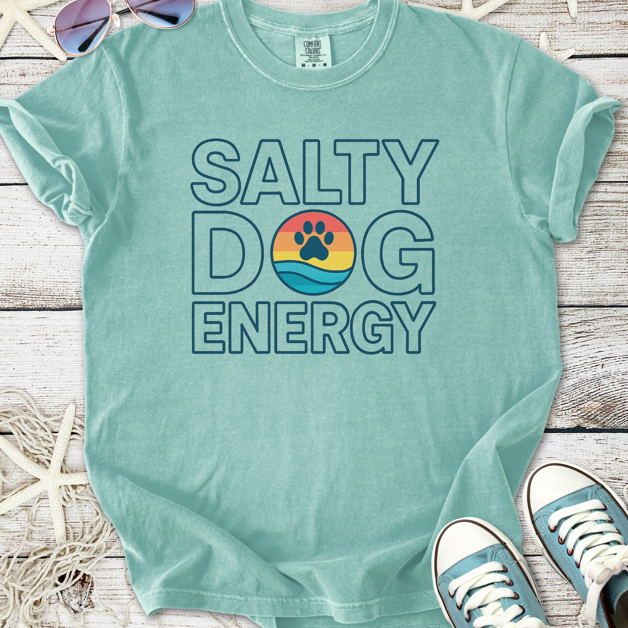 Mint green unisex t-shirt with 'Salty Dog Energy' graphic, perfect for dog lovers and beach enthusiasts.