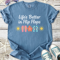 Blue cotton t-shirt with 'Life's Better in Flip Flops' print and colorful flip flop designs.