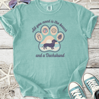Mint green t-shirt featuring a Dachshund and beach-themed graphic, made from soft cotton.