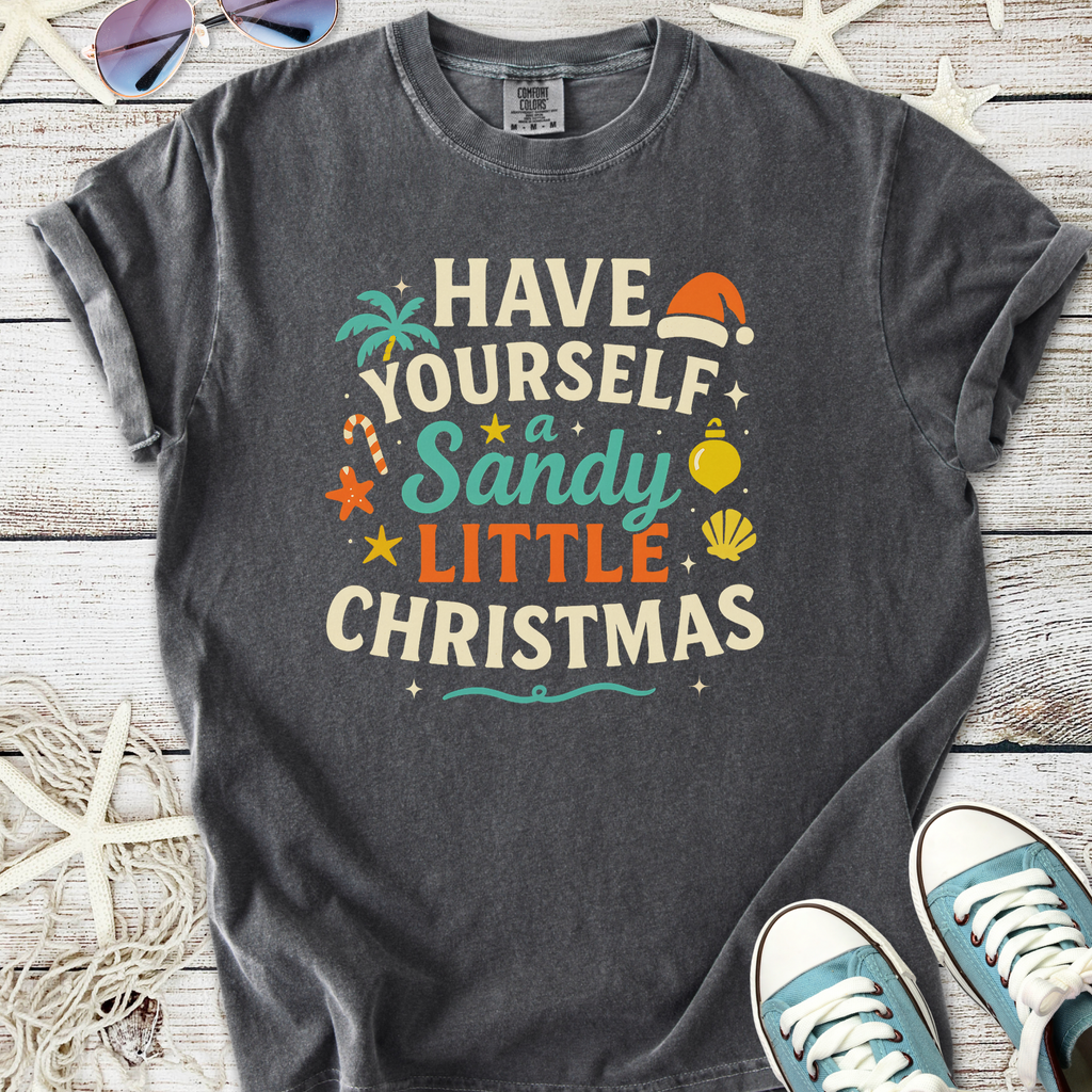 Dark gray graphic t-shirt with 'Have Yourself a Sandy Little Christmas' print, perfect for festive beach lovers.