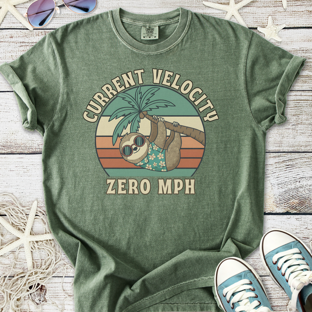 Green sloth graphic tee featuring 'Current Velocity Zero MPH' print, perfect for casual wear.