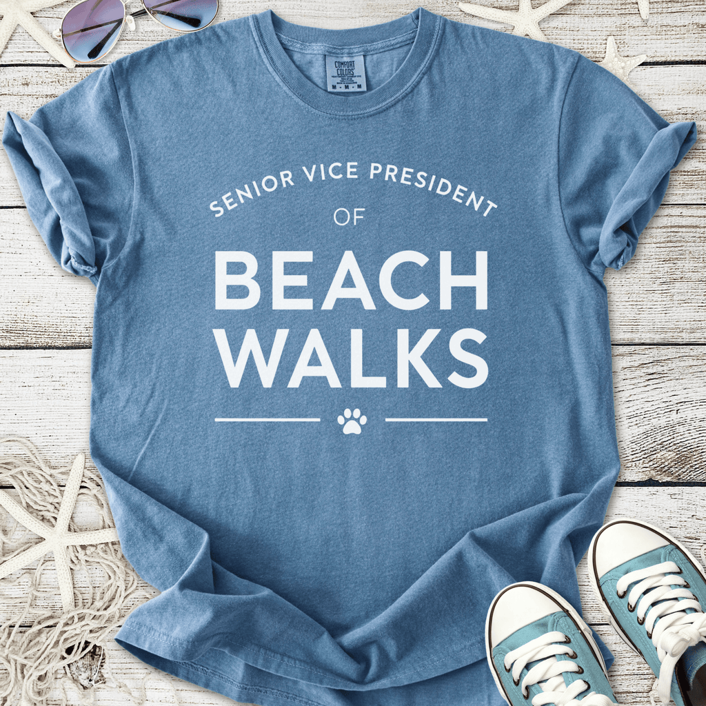 Blue cotton t-shirt featuring 'Senior Vice President of Beach Walks' text, ideal for beach lovers.